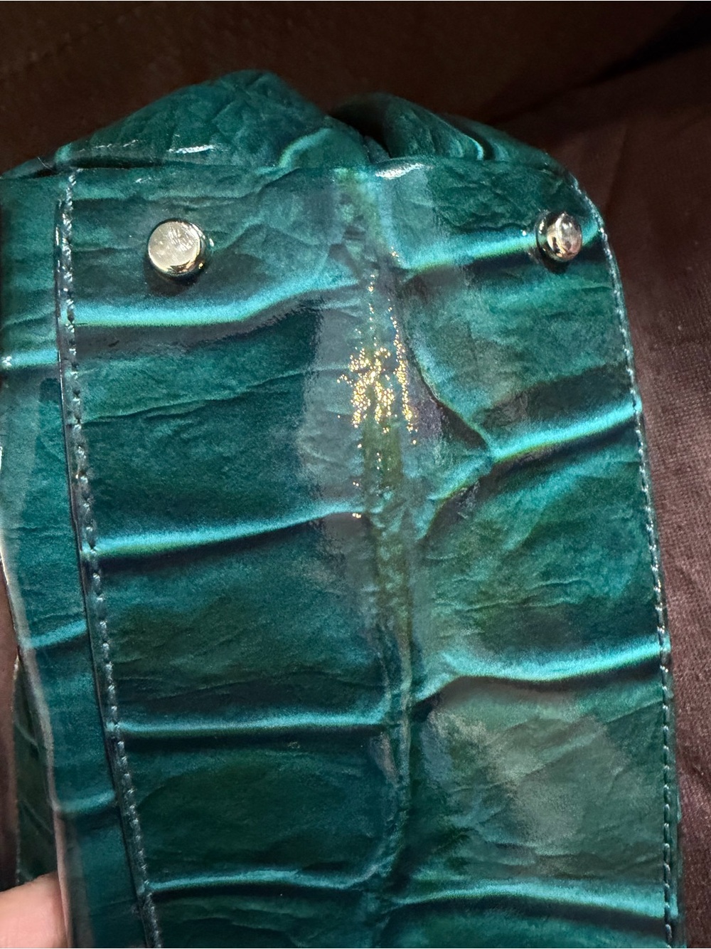 kate spade glossy crocodile-embossed teal patent leather chain tote - Picture 8 of 9